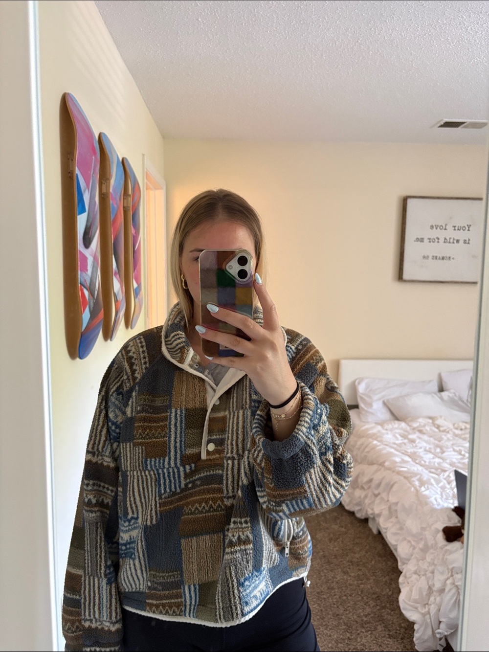 Cozy Patchwork Sherpa Pullover Sweater - Blue & Brown
